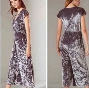Urban outfitters holiday silver velvet jumpsuit with elastic waist.